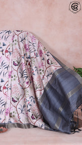 Cream White and Pink Floral Lily Raw Silk Saree